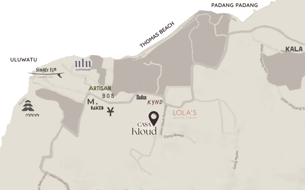 Best cafes in uluwatu - map of Uluwatu and Casa KloudUluwatu, Best Cafes in Uluwatu, Uluwatu Cafes, Uluwatu Food Guide, Uluwatu Travel Guide, Where to Eat in Uluwatu, Bali Cafes, Bali Travel Tips, Brunch in Uluwatu, Wellness in Uluwatu, Digital Nomad Bali, Casa Kloud