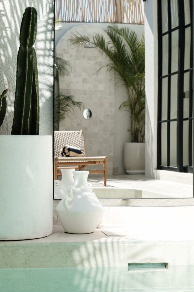 Mirror by the pool with pot and plants